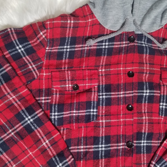 Hooded Button Down Flannel Plaid Shirt L - Picture 2 of 4